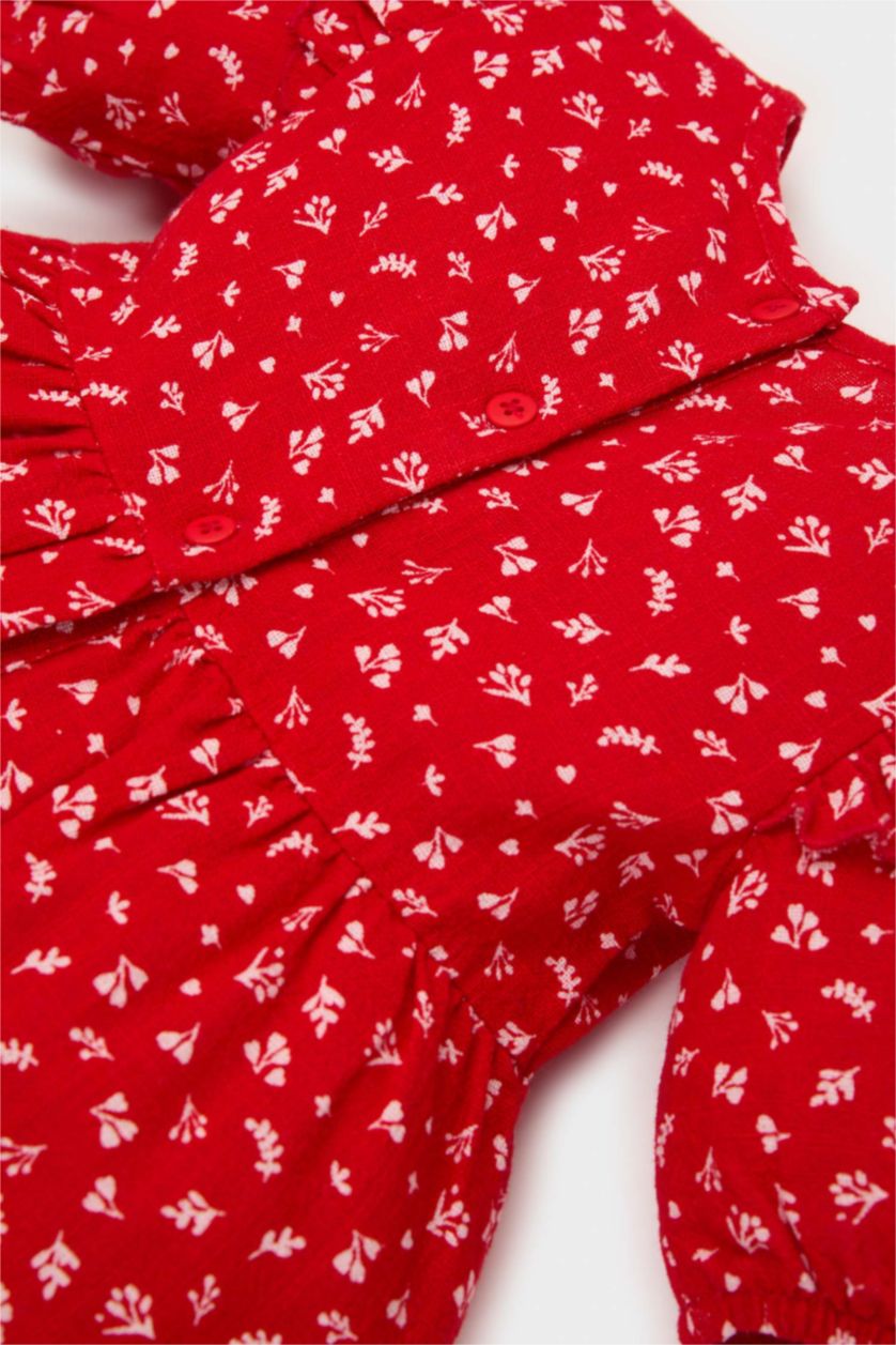 Kız Bebek Kırmızı Desenli Kısa Kollu Flamlı Poplin Elbise Kız Bebek