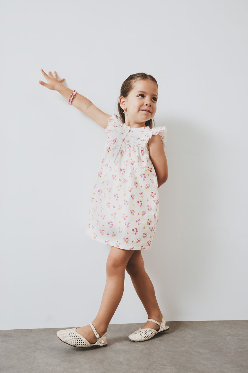 BABY GIRL Ecru Baby Girl Floral Short Sleeve Twill Dress
