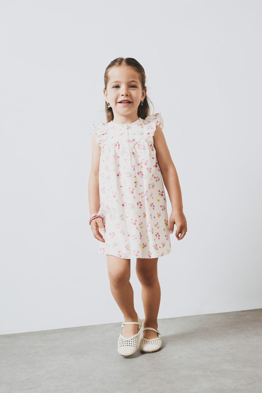 BABY GIRL Ecru Baby Girl Floral Short Sleeve Twill Dress