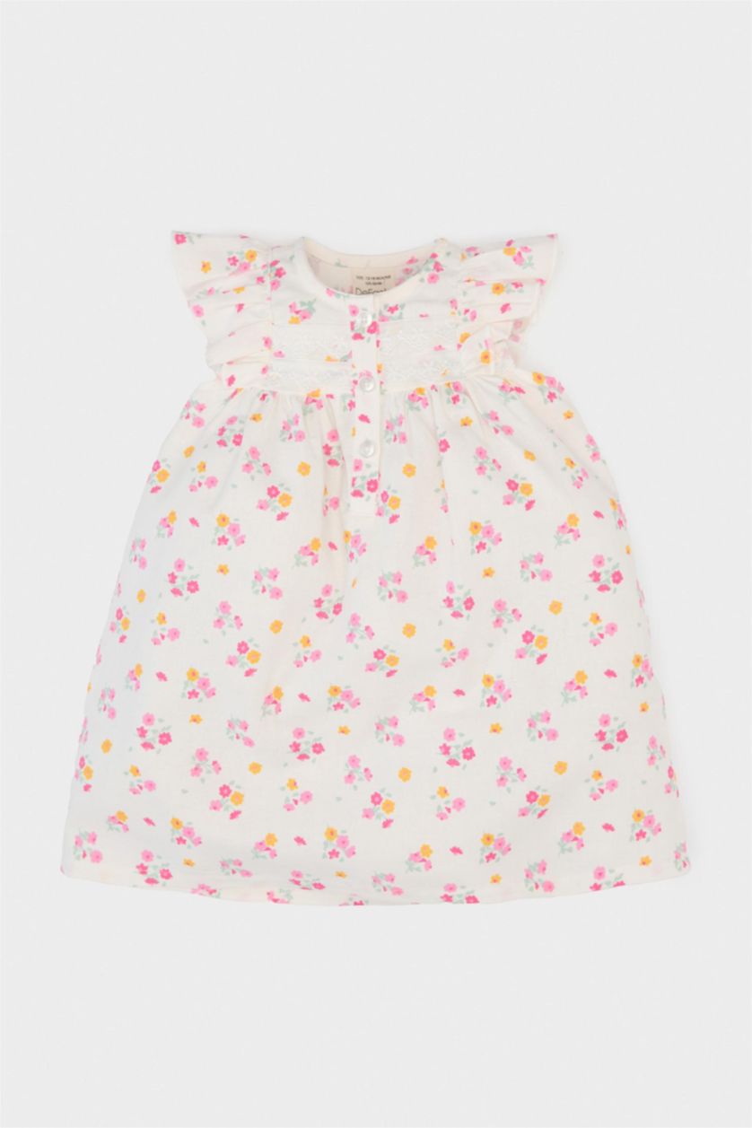 BABY GIRL Ecru Baby Girl Floral Short Sleeve Twill Dress