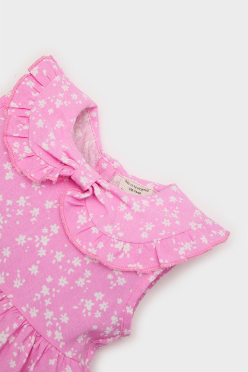 Kız Bebek Pembe Çiçekli Kolsuz Twill Elbise Kız Bebek