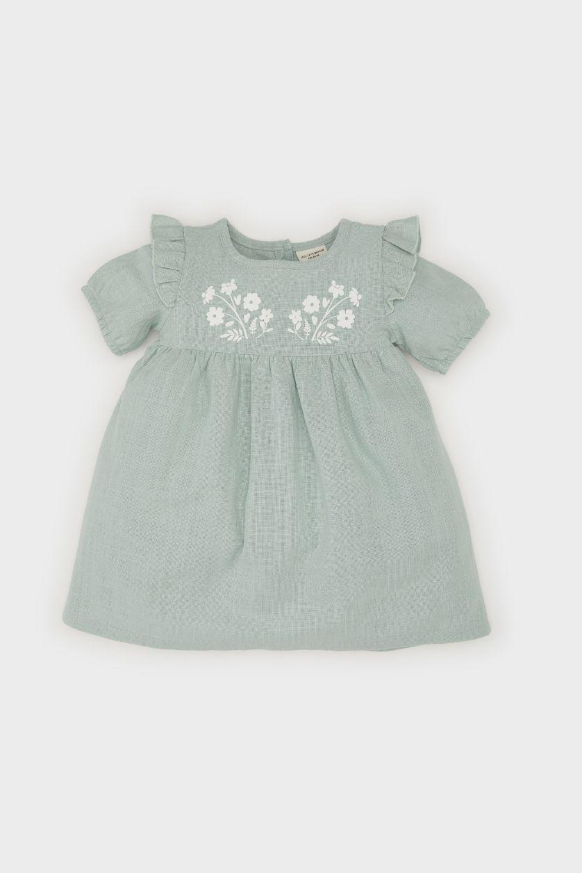 Kız Bebek Mint Kısa Kollu Flamlı Poplin Elbise Kız Bebek