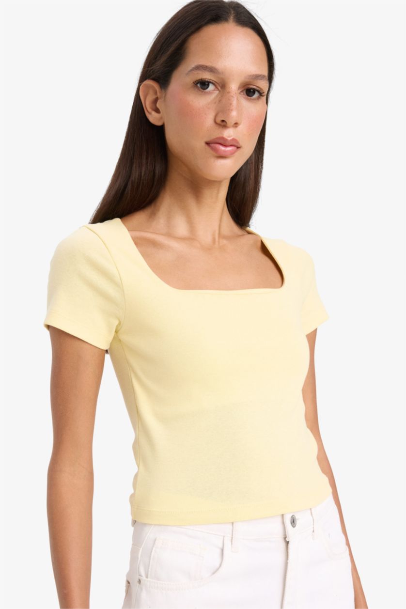 Kadın Açık Sarı Slım Fıt Fitilli Kaşkorse Kısa Kollu Tişört