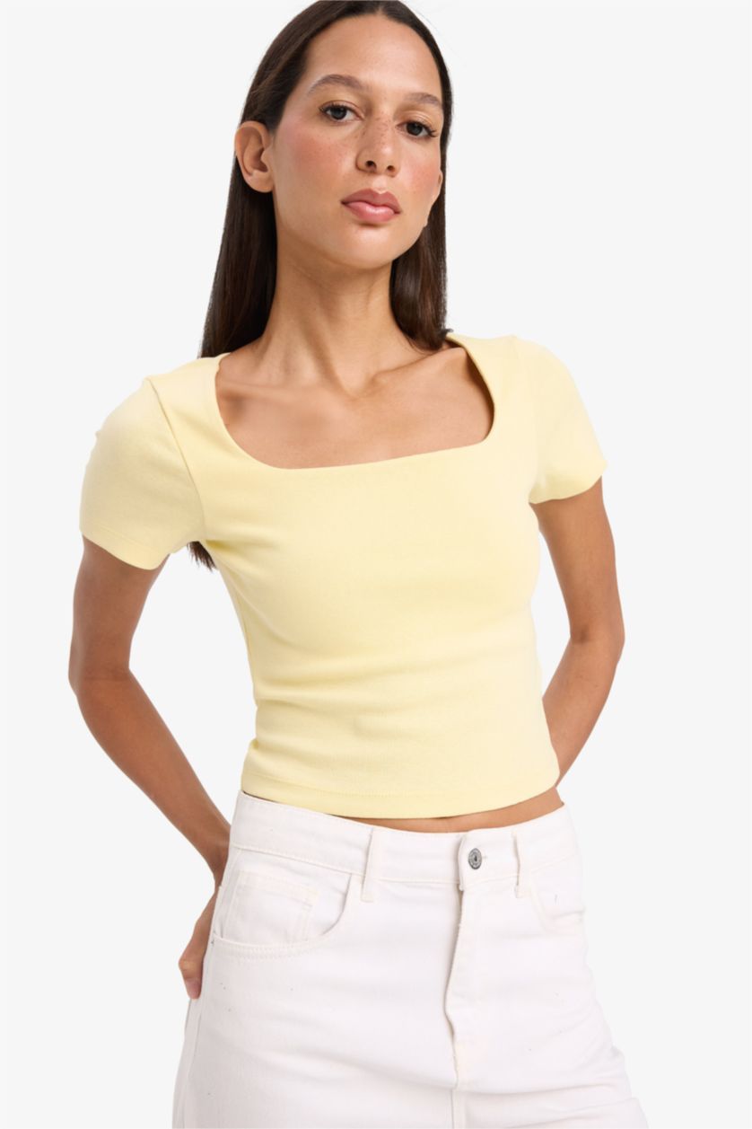 Kadın Açık Sarı Slım Fıt Fitilli Kaşkorse Kısa Kollu Tişört