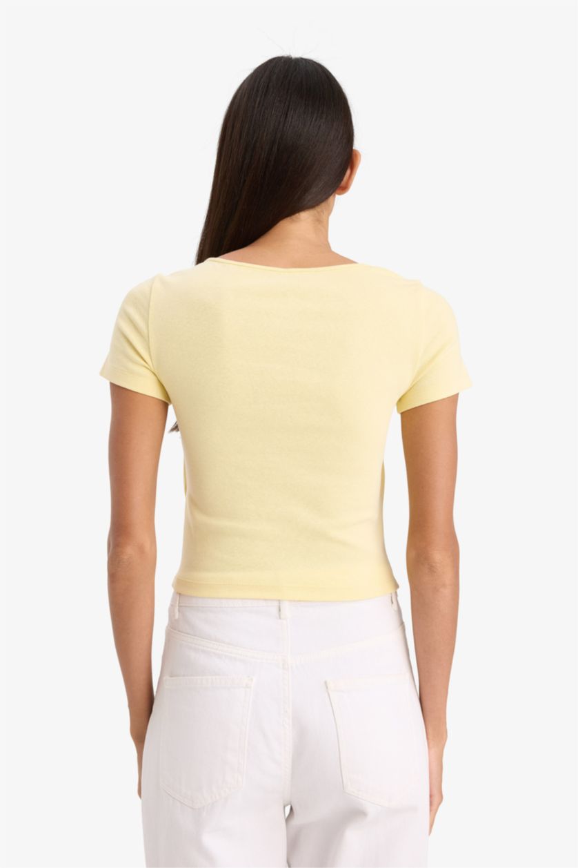 Kadın Açık Sarı Slım Fıt Fitilli Kaşkorse Kısa Kollu Tişört