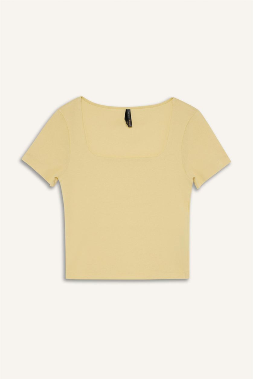 Kadın Açık Sarı Slım Fıt Fitilli Kaşkorse Kısa Kollu Tişört