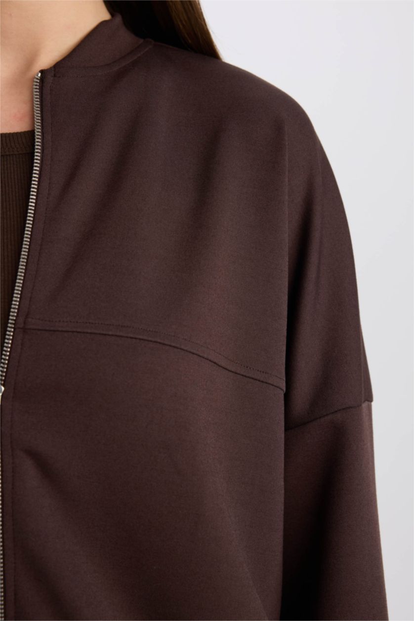 Kadın Kahve Relax Fit Hakim Yaka Basic Düz Fermuarlı Soft Touch Sweatshirt