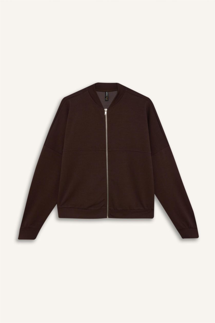 Kadın Kahve Relax Fit Hakim Yaka Basic Düz Fermuarlı Soft Touch Sweatshirt