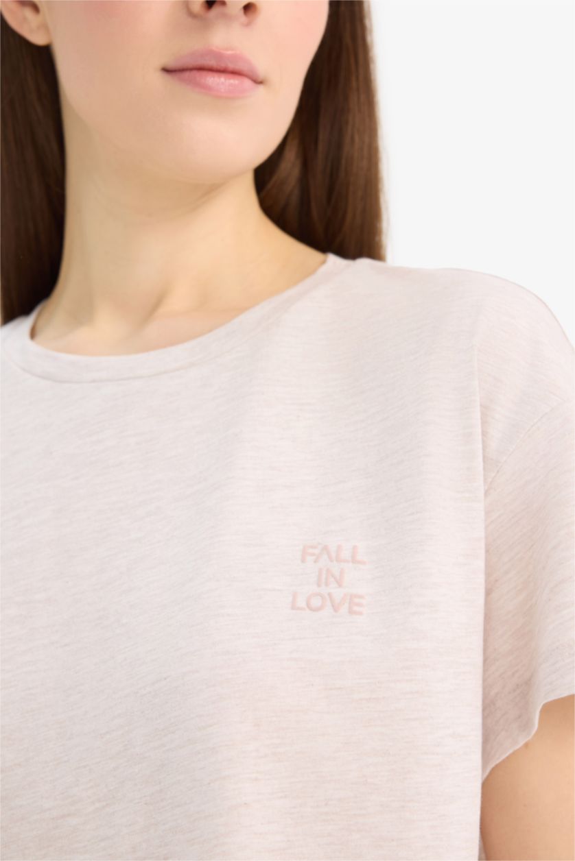 Kadın Bej Melanj Regular Fit Pijama Takımı Kısa Kollu Üst Beli Lastikli Uzun Alt