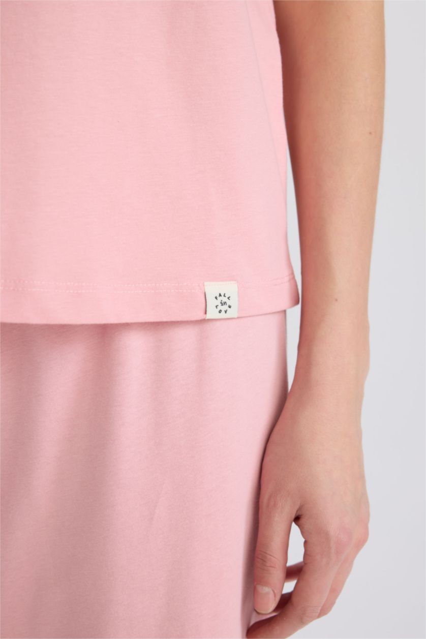 Kadın Gülkurusu Pijama Takımı Regular Fit Kısa Kollu Üst Uzun Alt