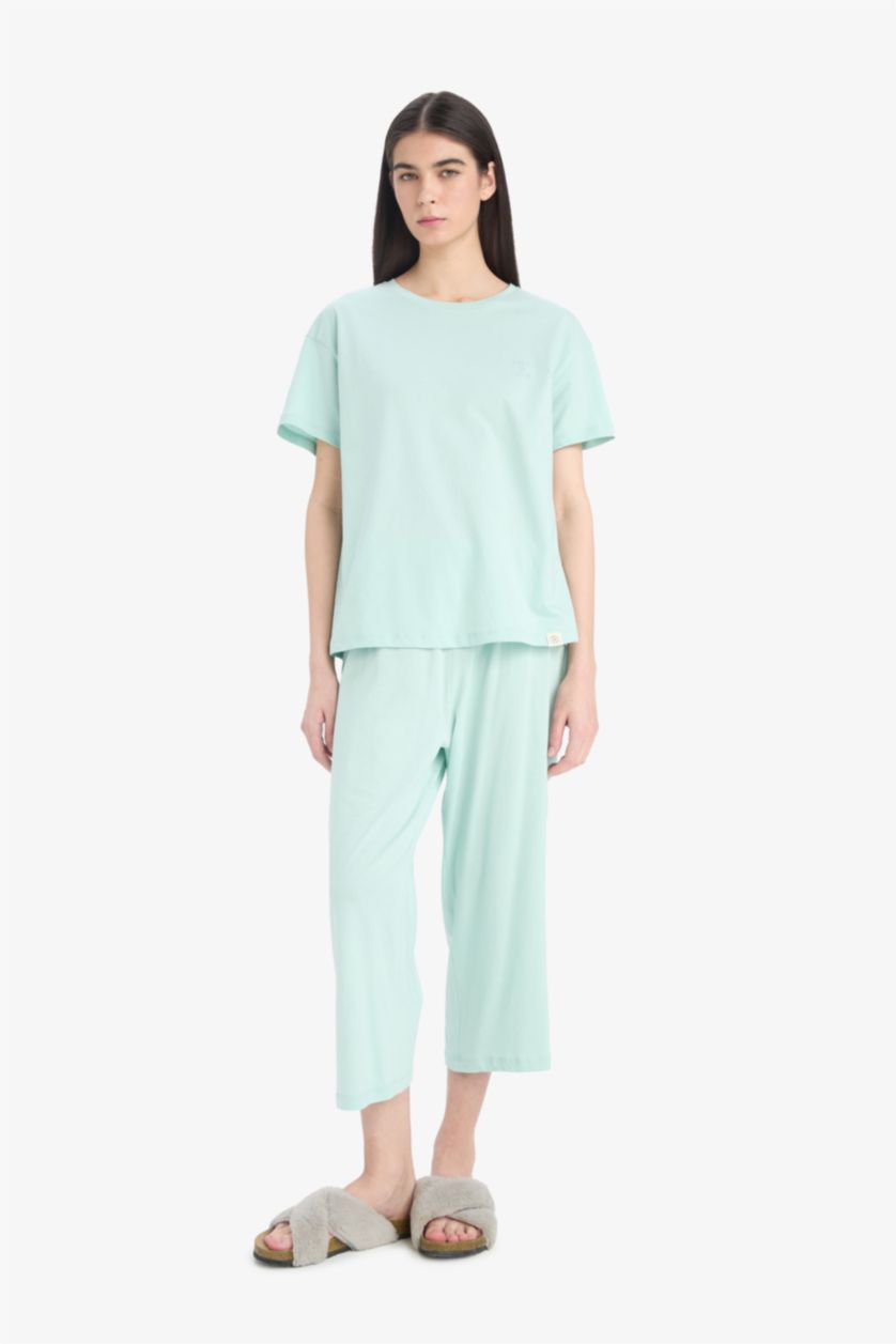 Kadın Mint Pijama Takımı Kısa Kollu Üst Beli Lastikli Kapri Alt