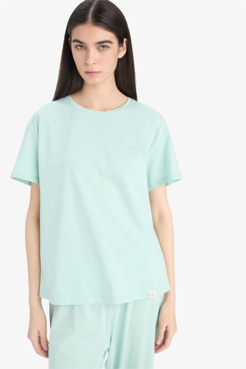 Kadın Mint Pijama Takımı Kısa Kollu Üst Beli Lastikli Kapri Alt