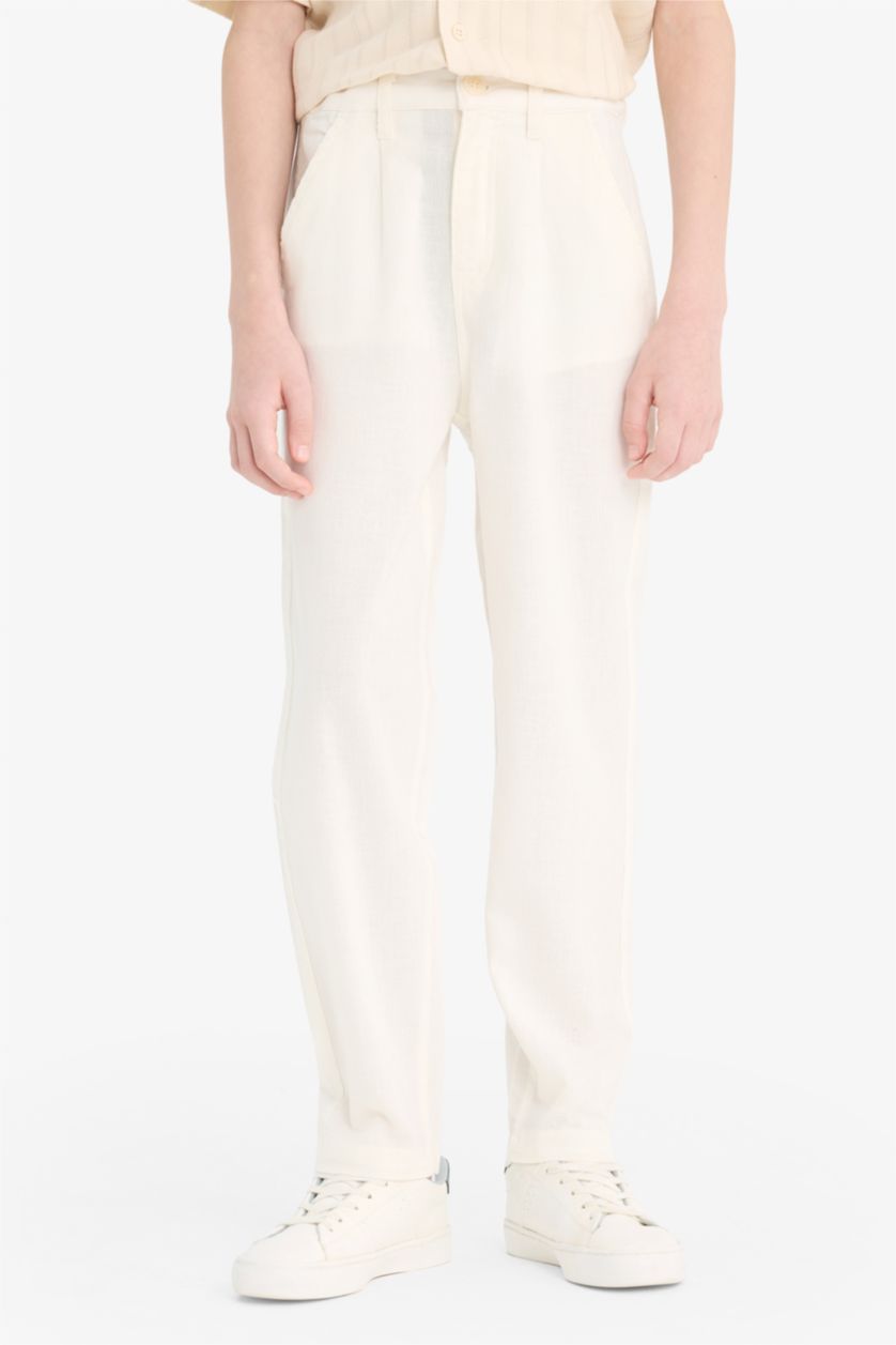 BOYS & TEENS Ecru Boy Carrot Fit Standard Leg Linen Look Trousers