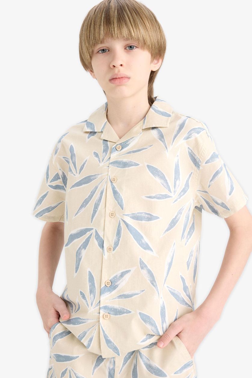 Erkek Çocuk - Genç Erkek Kum Oversize Geniş Kalıp Polo Yaka Poplin Kısa Kollu Gömlek Erkek Çocuk