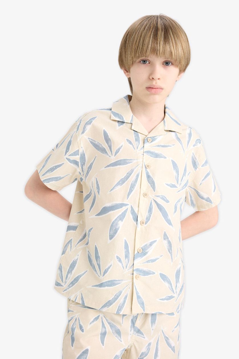 Erkek Çocuk - Genç Erkek Kum Oversize Geniş Kalıp Polo Yaka Poplin Kısa Kollu Gömlek Erkek Çocuk