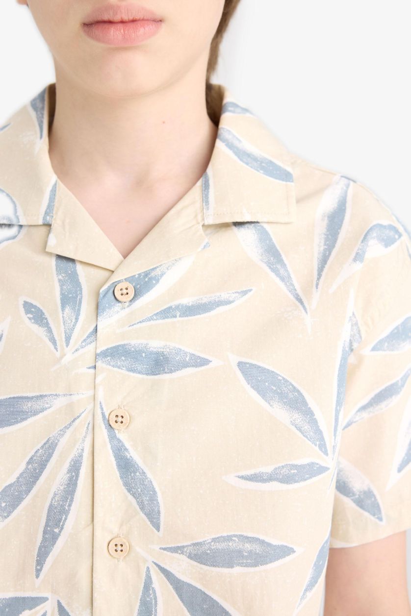 Erkek Çocuk - Genç Erkek Kum Oversize Geniş Kalıp Polo Yaka Poplin Kısa Kollu Gömlek Erkek Çocuk