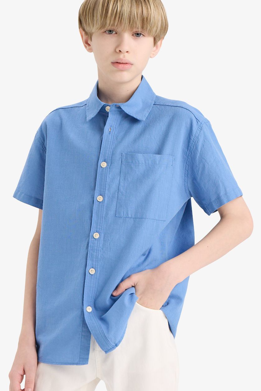 Erkek Çocuk - Genç Erkek Koyu Mavi Oversize Geniş Kalıp Polo Yaka Kısa Kollu Gömlek Erkek Çocuk