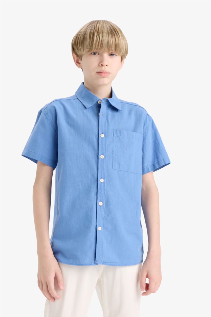 Erkek Çocuk - Genç Erkek Koyu Mavi Oversize Geniş Kalıp Polo Yaka Kısa Kollu Gömlek Erkek Çocuk