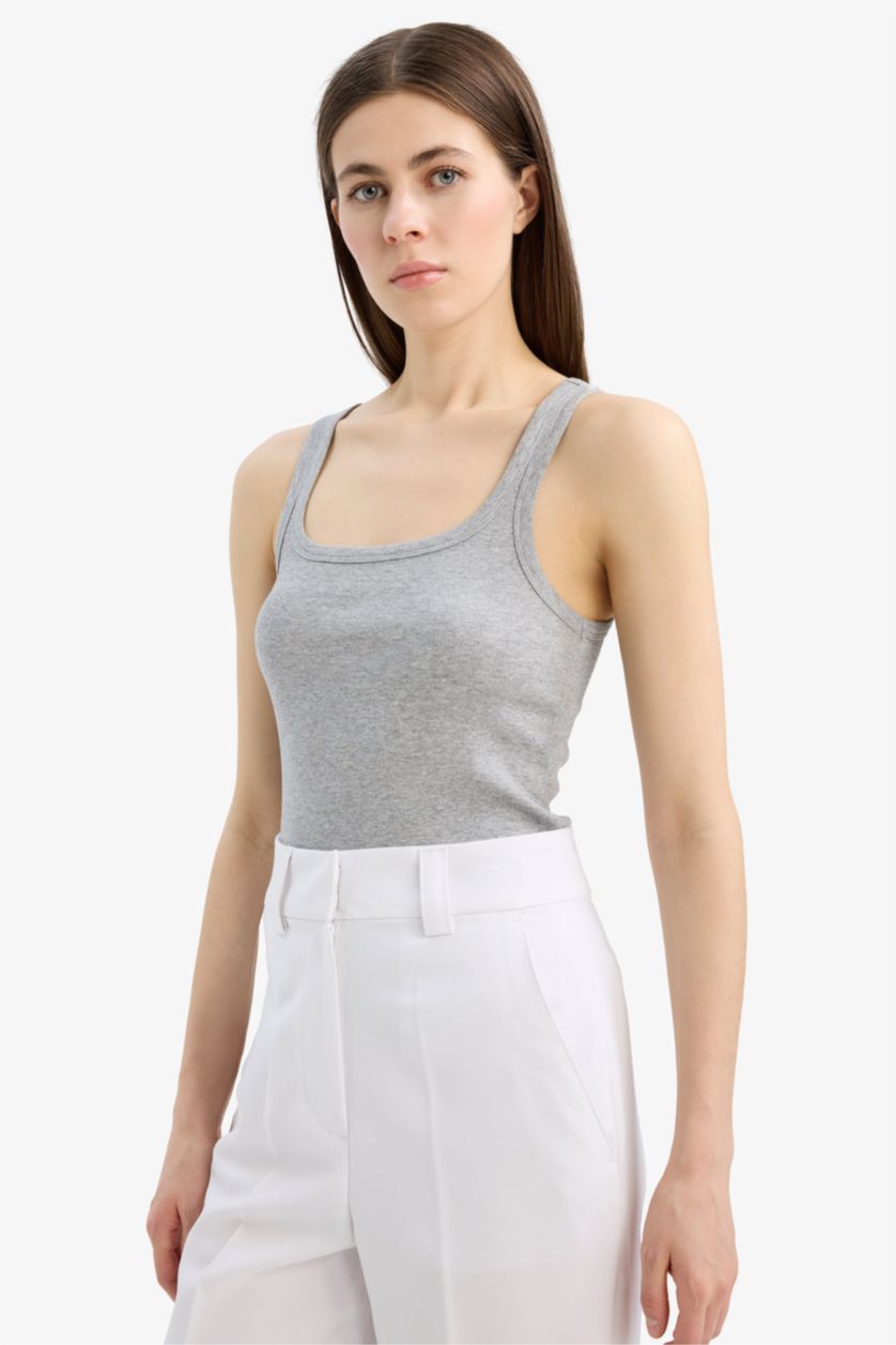 Woman Grey Melange Regular Fit Basic Round Collar Tank Top
