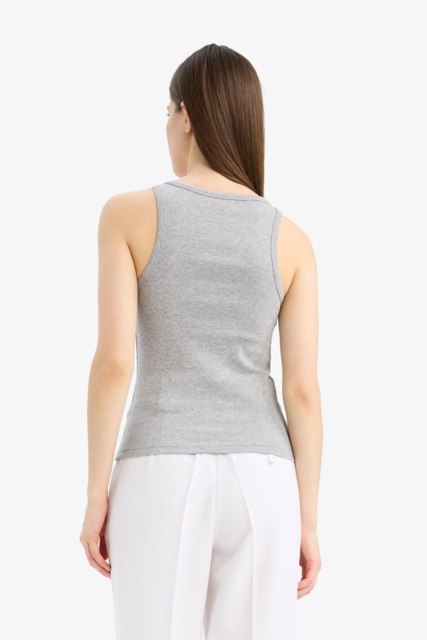 Woman Grey Melange Regular Fit Basic Round Collar Tank Top