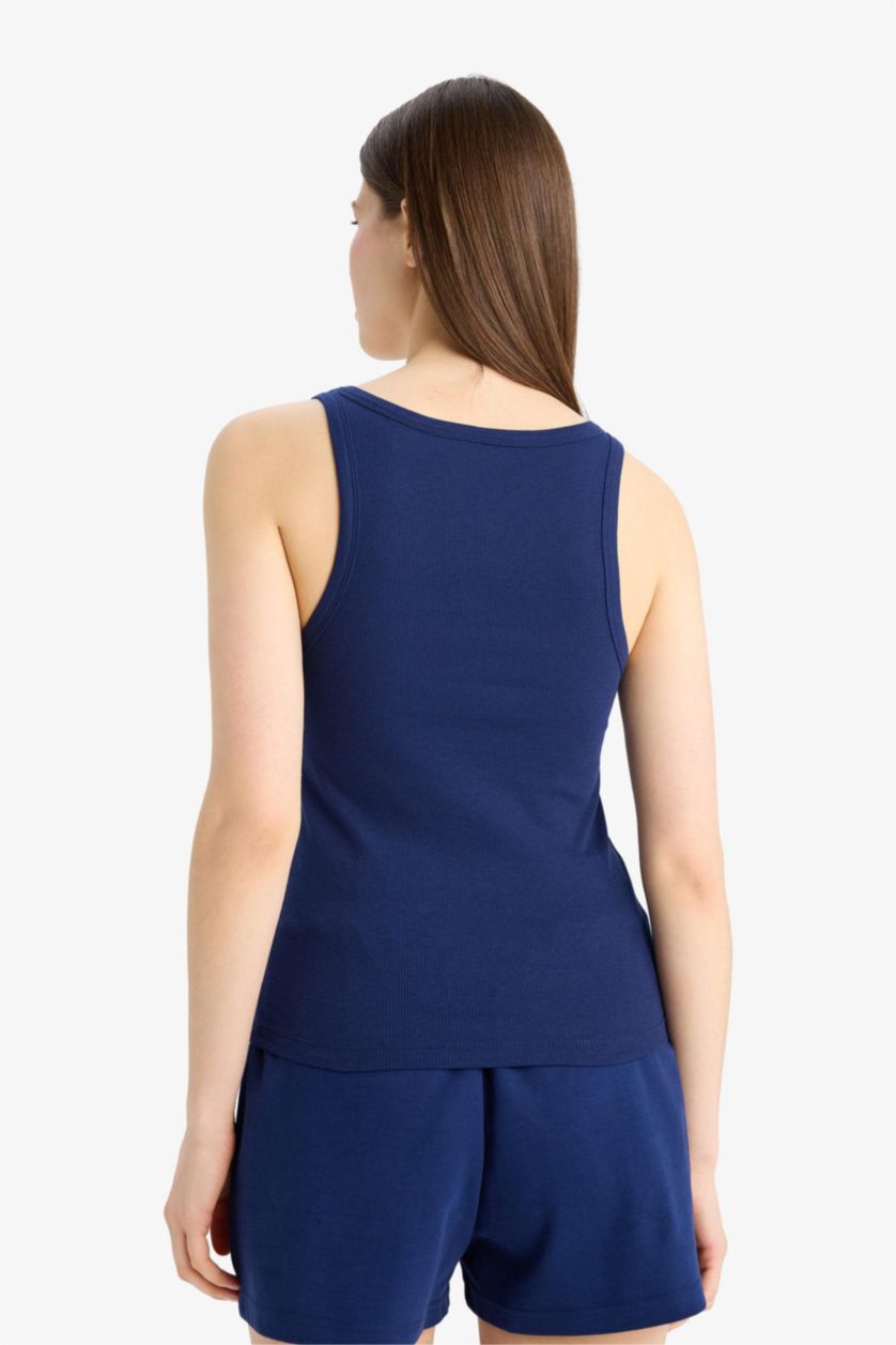 نساء كحلي فانيلة قصة عادية بياقة مدورة بيزك