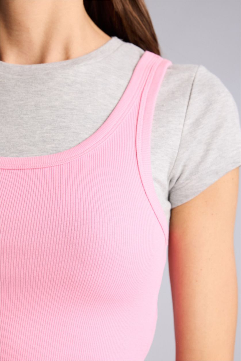 Женщины Розовый Базовая однотонная майка кашкорсе Regular Fit в рубчик с круглым вырезом