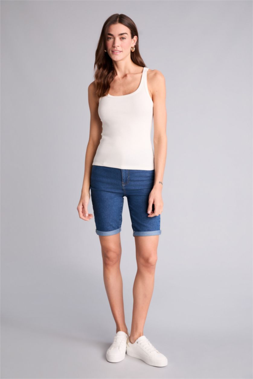 Женщины Кремовый Базовая однотонная майка кашкорсе Regular Fit в рубчик с круглым вырезом