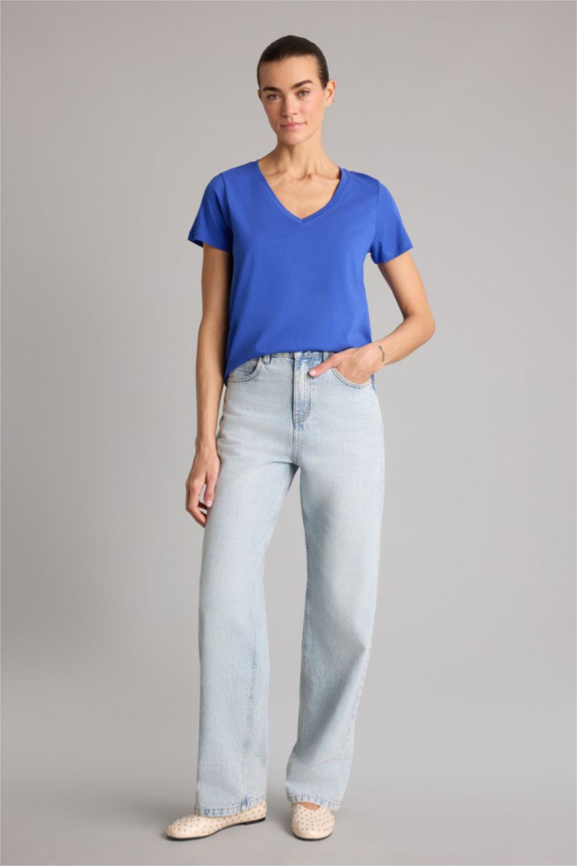 Женщины Саксонский синий Футболка с короткими рукавами, регулярного кроя, с V-образным вырезом и базовым дизайном из джерси