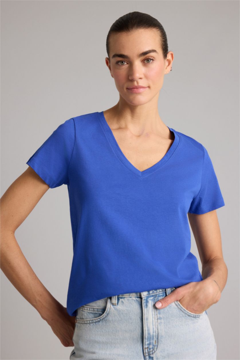 Женщины Саксонский синий Футболка с короткими рукавами, регулярного кроя, с V-образным вырезом и базовым дизайном из джерси