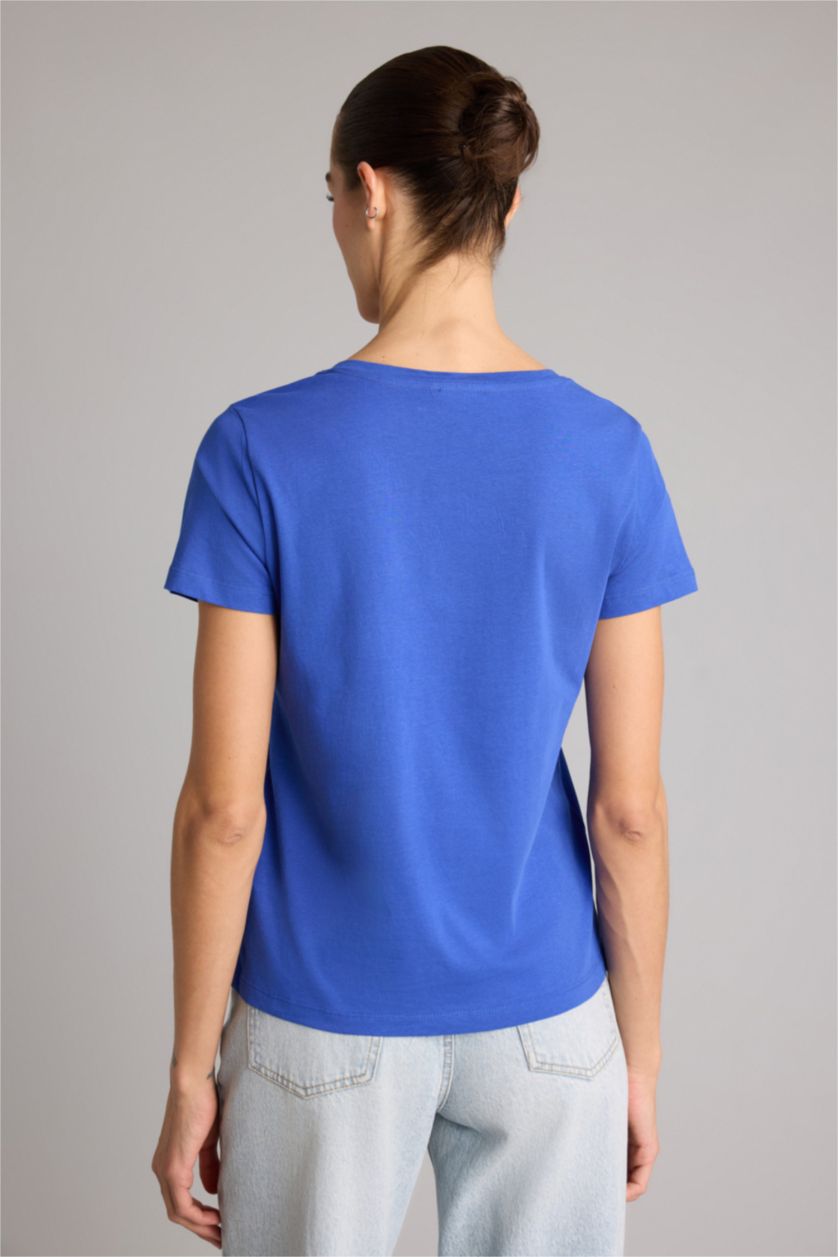 Женщины Саксонский синий Футболка с короткими рукавами, регулярного кроя, с V-образным вырезом и базовым дизайном из джерси