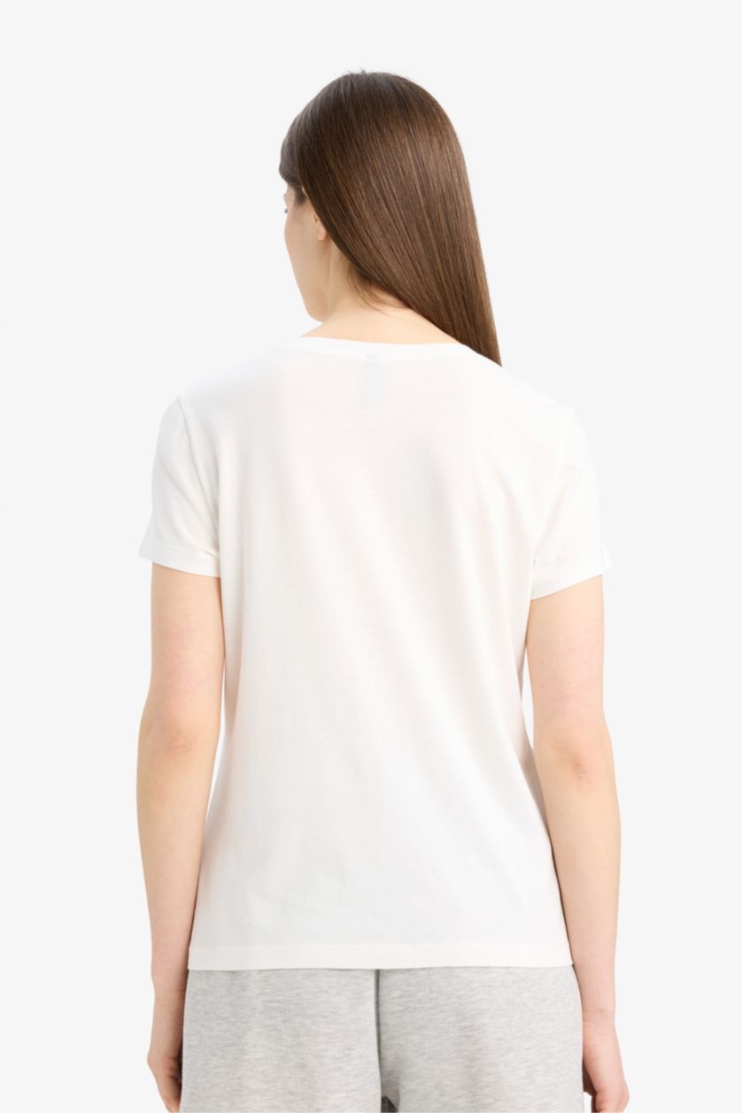 نساء بيج فاتح تيشيرت نص كم من قطن عادي برقبة مستديرة