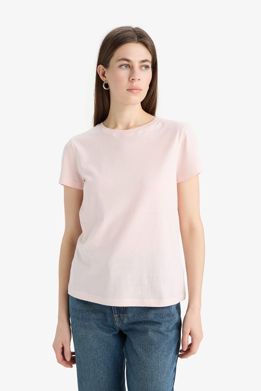 نساء زهري فاتح تيشيرت نص كم من قطن قصة عادية برقبة مستديرة