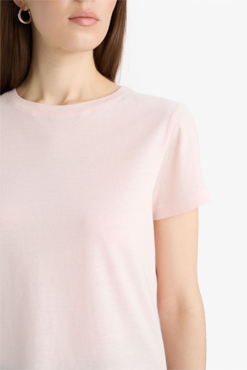 نساء زهري فاتح تيشيرت نص كم من قطن قصة عادية برقبة مستديرة