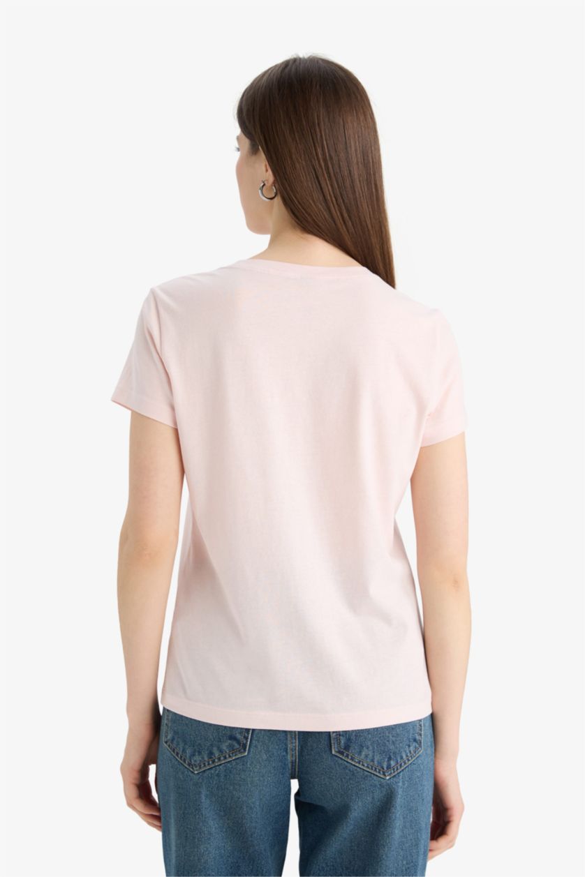 نساء زهري فاتح تيشيرت نص كم من قطن قصة عادية برقبة مستديرة