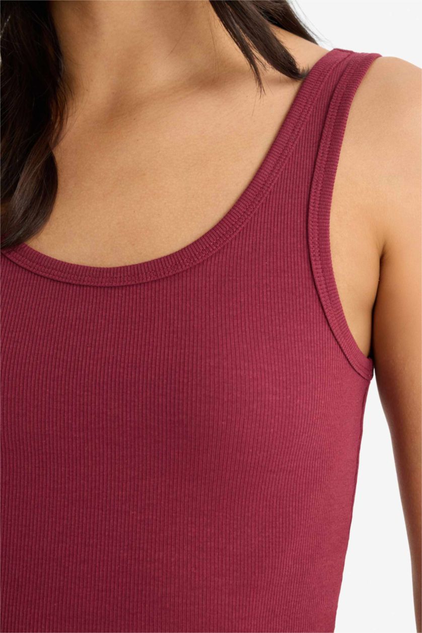 نساء خمري فانيلة مضلع سليم فيت بياقة مدورة بيزك