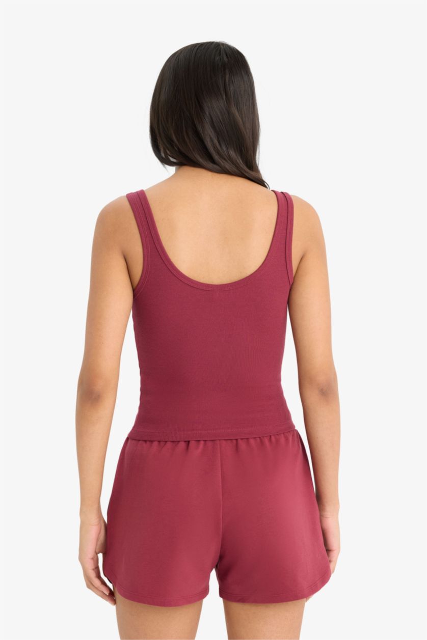 نساء خمري فانيلة مضلع سليم فيت بياقة مدورة بيزك