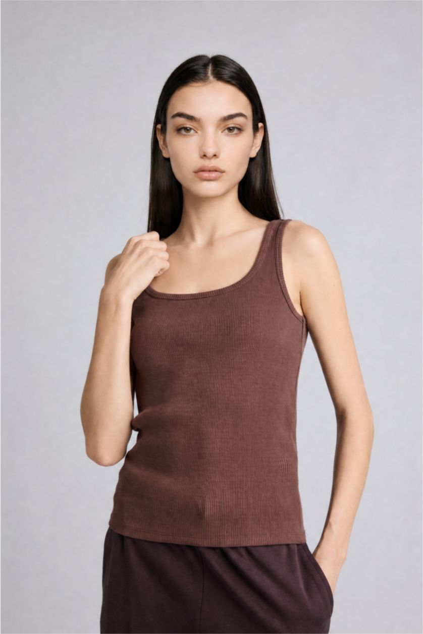 Kadın Kahve Slim Fit Fitilli Atlet