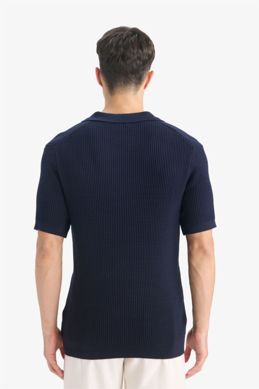 Erkek Lacivert %100 Pamuk Standart Fit Polo Yaka Kısa Kollu Triko Tişört