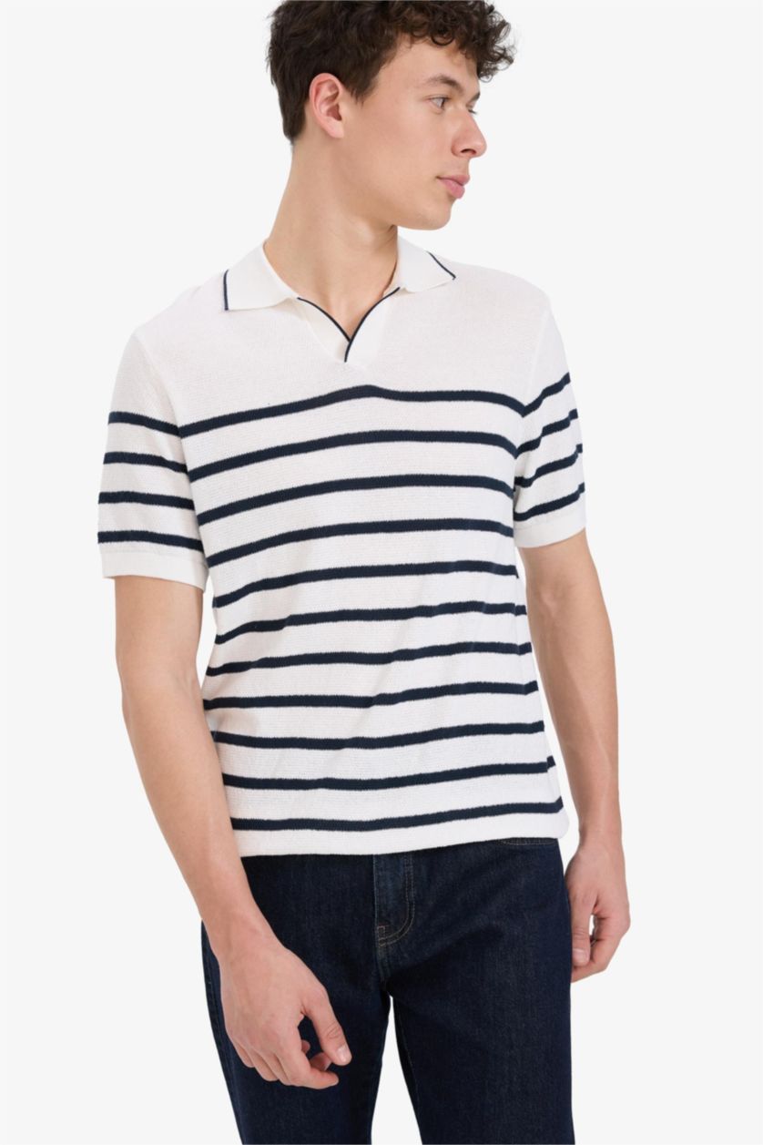 رجال بيج فاتح تيشيرت بولو مخطط قطن نص ردن قصة عادية