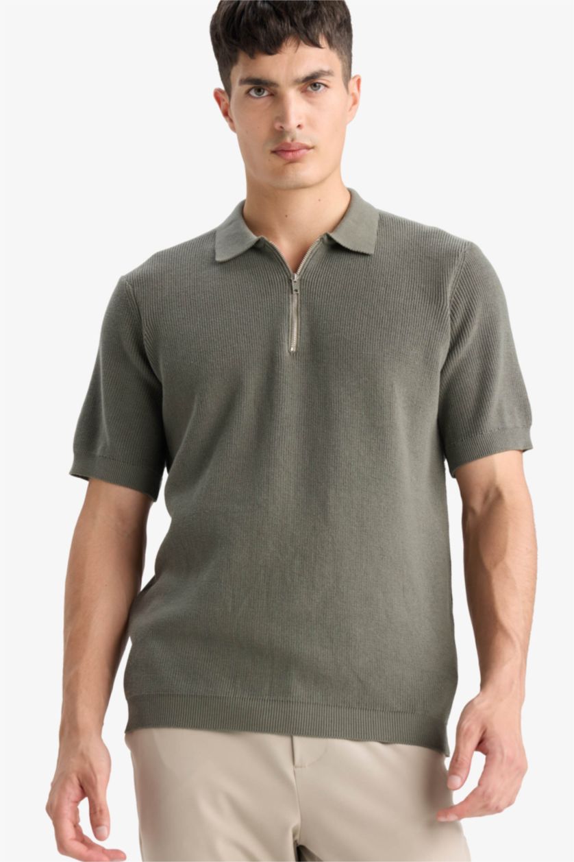 Man Khaki Cotton Standard Fit Half Zipper Knitted Polo Shirt