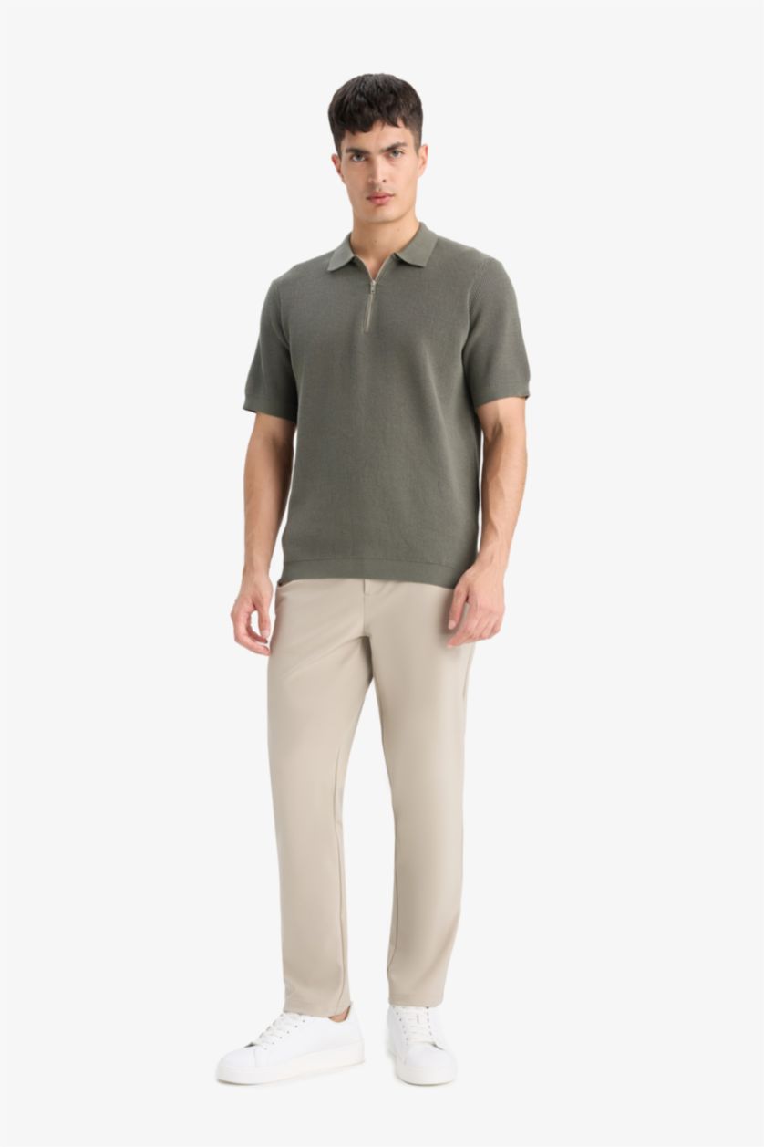 Man Khaki Cotton Standard Fit Half Zipper Knitted Polo Shirt