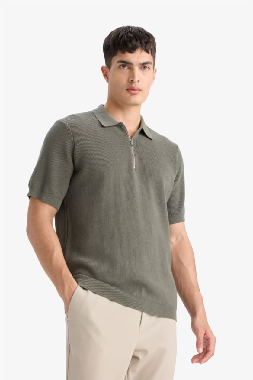 Man Khaki Cotton Standard Fit Half Zipper Knitted Polo Shirt