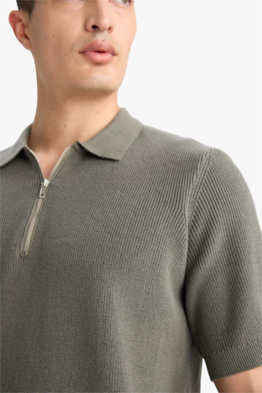 Man Khaki Cotton Standard Fit Half Zipper Knitted Polo Shirt