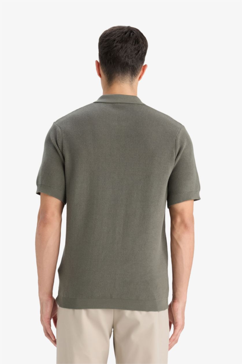 Man Khaki Cotton Standard Fit Half Zipper Knitted Polo Shirt