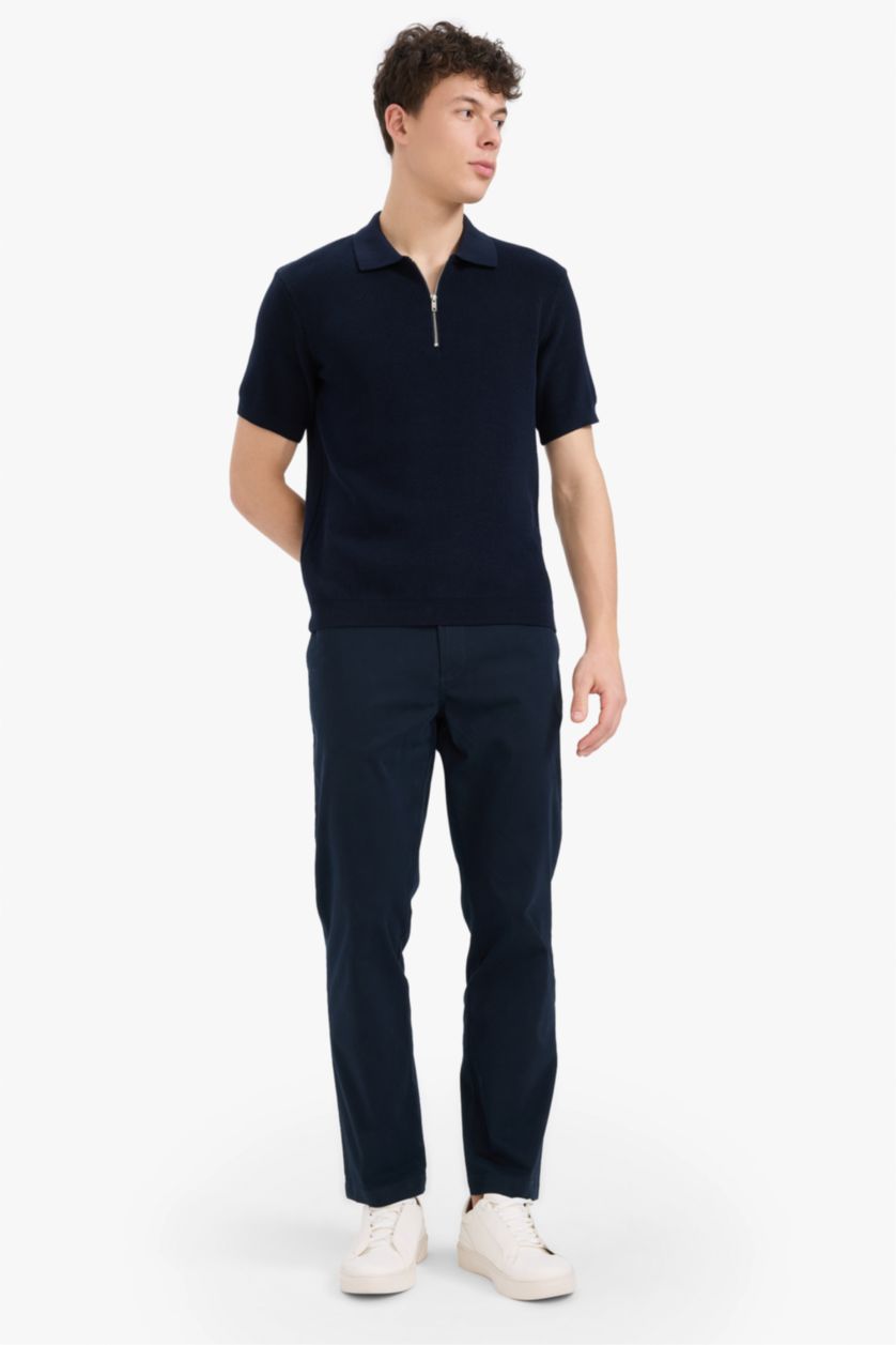 MAN NAVY Standard Fit Half Zipper Short Sleeve Knit Polo T-Shirt