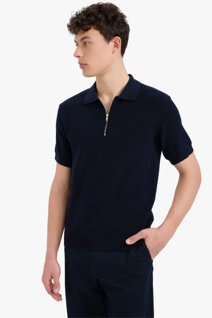 MAN NAVY Standard Fit Half Zipper Short Sleeve Knit Polo T-Shirt
