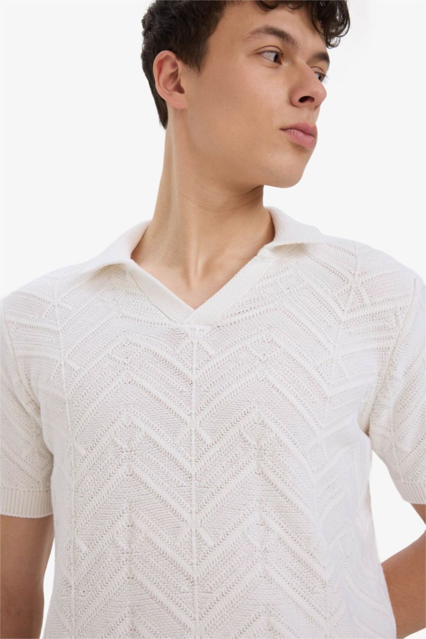 Erkek Ekru Standart Fıt Triko Kısa Kollu Polo Tişört