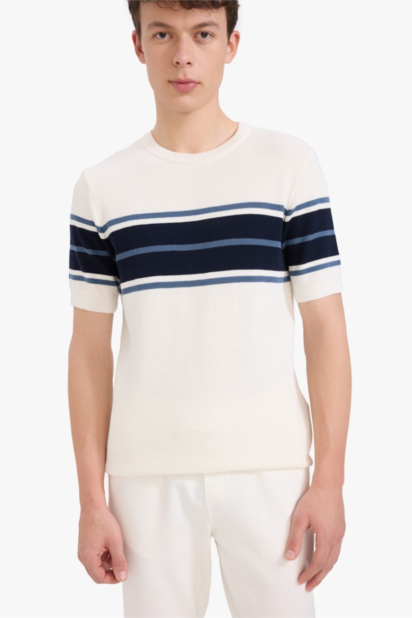 Erkek Ekru %100 Pamuk Standart Fit Kısa Kollu Triko Tişört