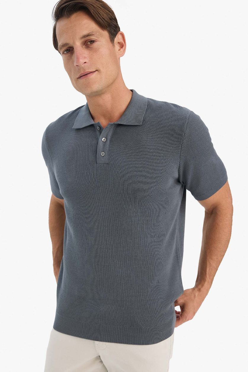Man Anthracite Standard Fit Short Sleeve Knitwear Cotton Polo T-Shirt