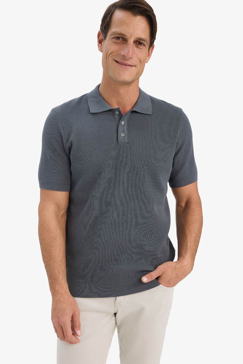 Man Anthracite Standard Fit Short Sleeve Knitwear Cotton Polo T-Shirt